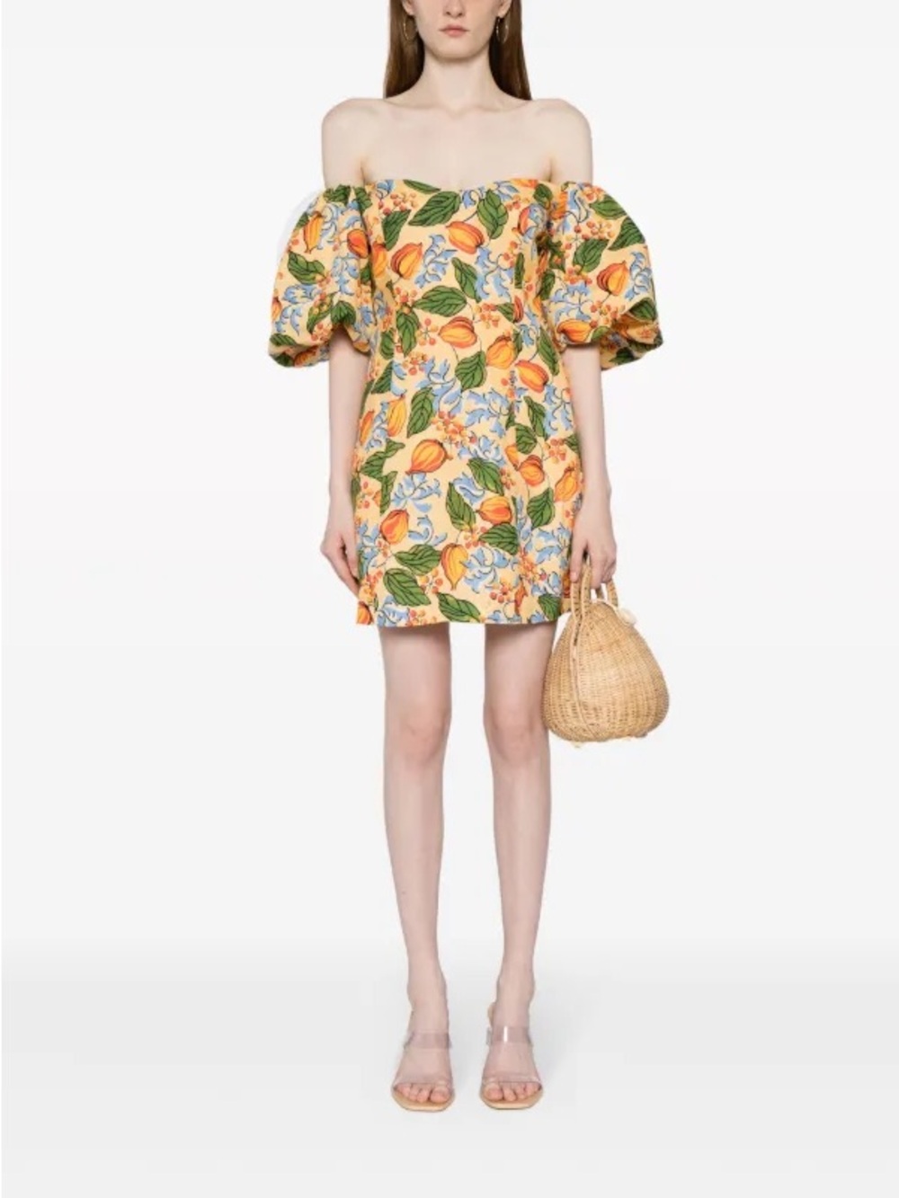 RHODE Off-Shoulder Puff Sleeve Floral Mini Dress in Yellow US 4 NEW WITH TAG